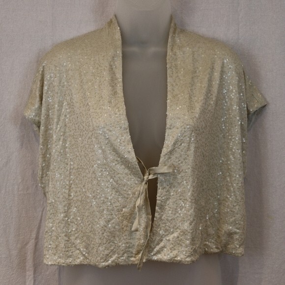 Eileen Fisher Cropped Silk Tie-Front Bolero Jacket Hand-Sewn Beaded Large - Picture 2 of 14